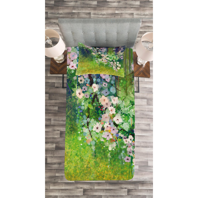 Flower Farmhouse / Country Polyester Floral Coverlet, Twin Coverlet + 1 Sham