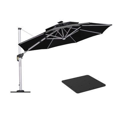 132'' Round Solar Powered LED Lighted Cantilever Umbrella With Steel Plate Base,Black
