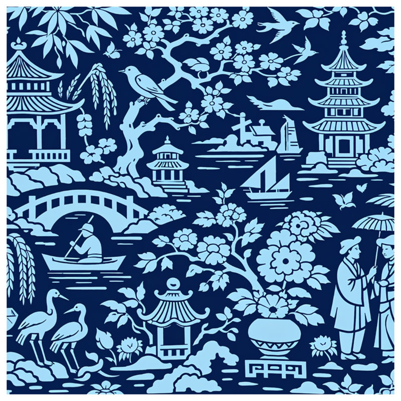 Édredon bleu à motif de paysage asiatique, Queen