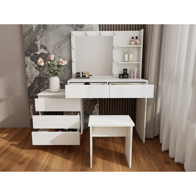 LED Lighted Makeup Vanity Table With Mirror - White Beauty Station With Storage Drawers, Matching Stool, And Organizing Compartments For Makeup Brushes And Cosmetics