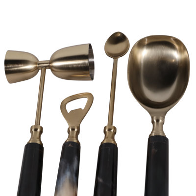 Modern Metal Horn Bar Tool Set with Marble Handle for Home Bar - Sleek Cocktail Bar Accessories in Gift Box for Dining Party - Set of 4, 10", Blue & Bronze
