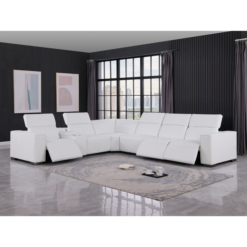 Torrance Luxurious Genuine Leather 7-Piece Sectional With 3 Power Reclining Seats & Power Headrest, White