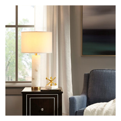 Modern Alabaster Table Lamp with Gold Metal Finish - White Drum Shade for Bedroom Living Room Decor