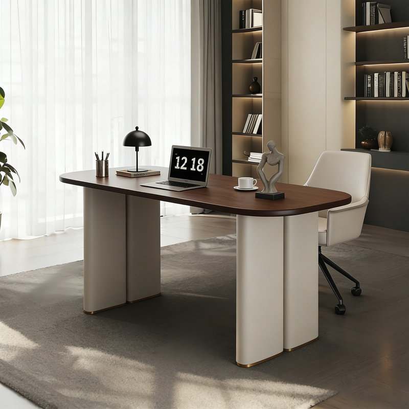Bureau ovale brun italien minimaliste italien de luxe avec pieds en cuir, H 29,53 po x l 55,12 po x P 27,56 po