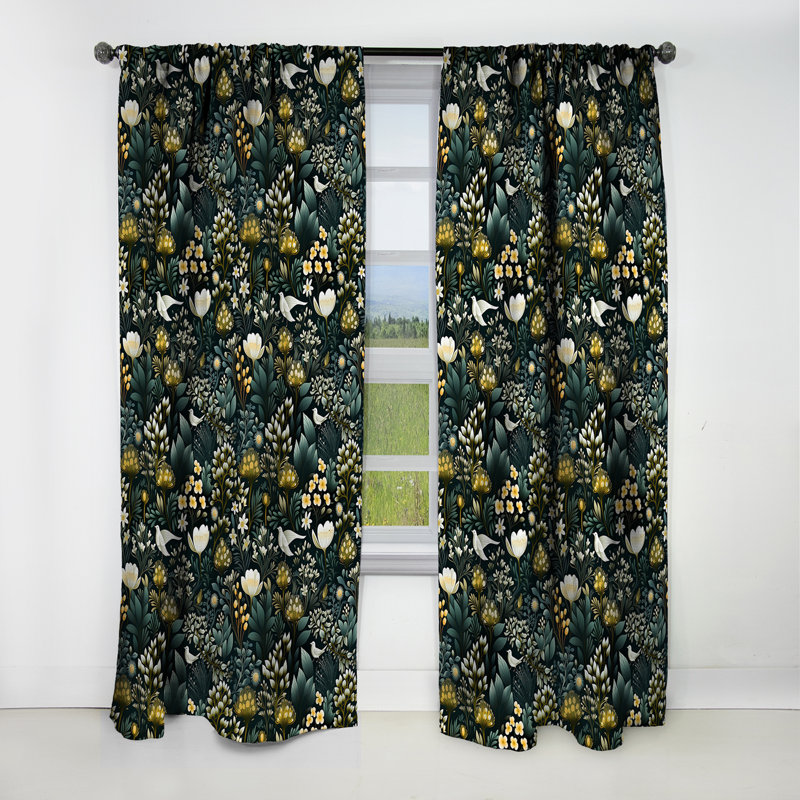 Motif botanique vert forêt III - Rideau floral - Rideau occultant floral - 1 panneau, L 52 po x L 63 po
