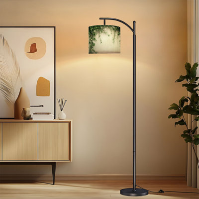 Arc Floor Lamp with Adjustable Lampshade Green Vines White Flowers Beige Standing Lamp 3 Color Temperatures Dimmable Tall Pole Lamp with Foot Switch for Bedroom