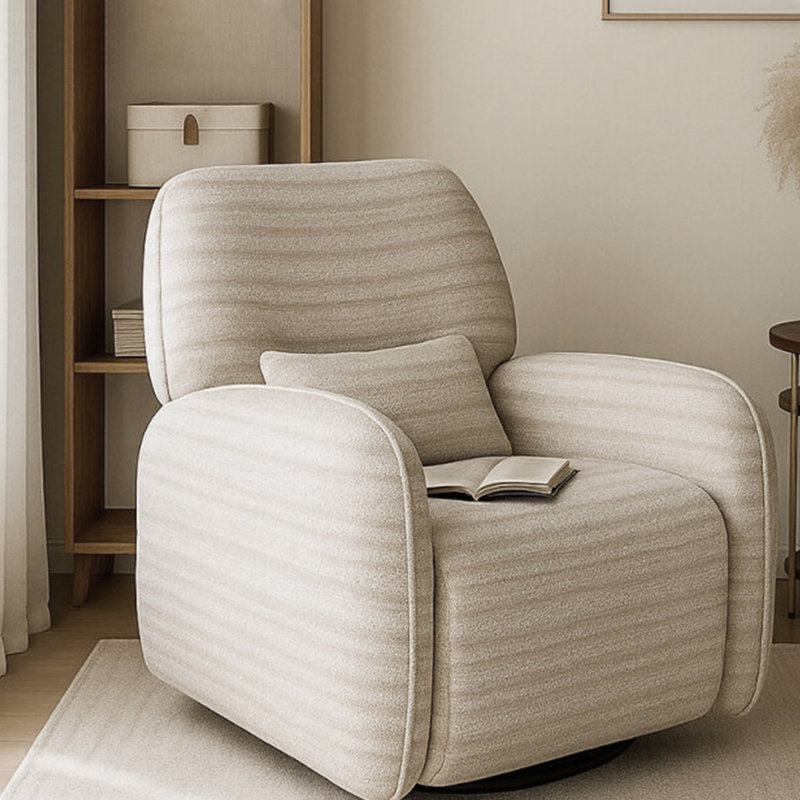 Fauteuil inclinable de loisir de 33,07 po de style crème et rayé gris clair, structure intérieure en bois massif, fauteuil inclinable électrique et pivotant à 360 degrés pour le salon