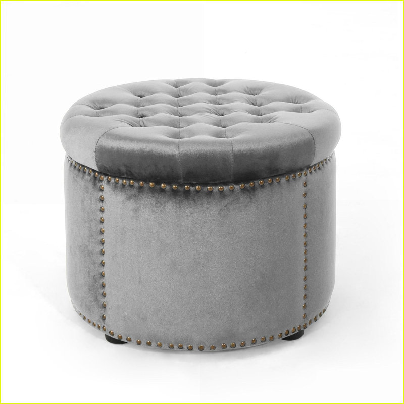 Ottoman Modern Glam Soft Emerald Velvet with Studded Rim, Extra Seating/Footstool, 22x22x15.25 | Wood, Gray