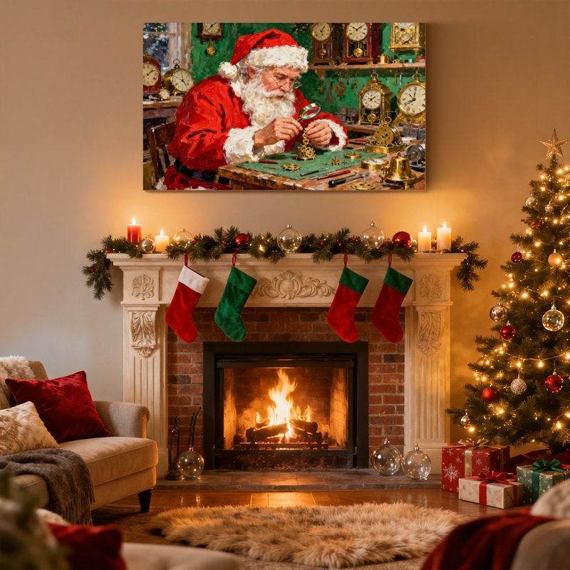 Horloges de Noël de père Noël dans une scène d'atelier, ensemble de 3 impressions sur toile, H 20 po x l 30 po