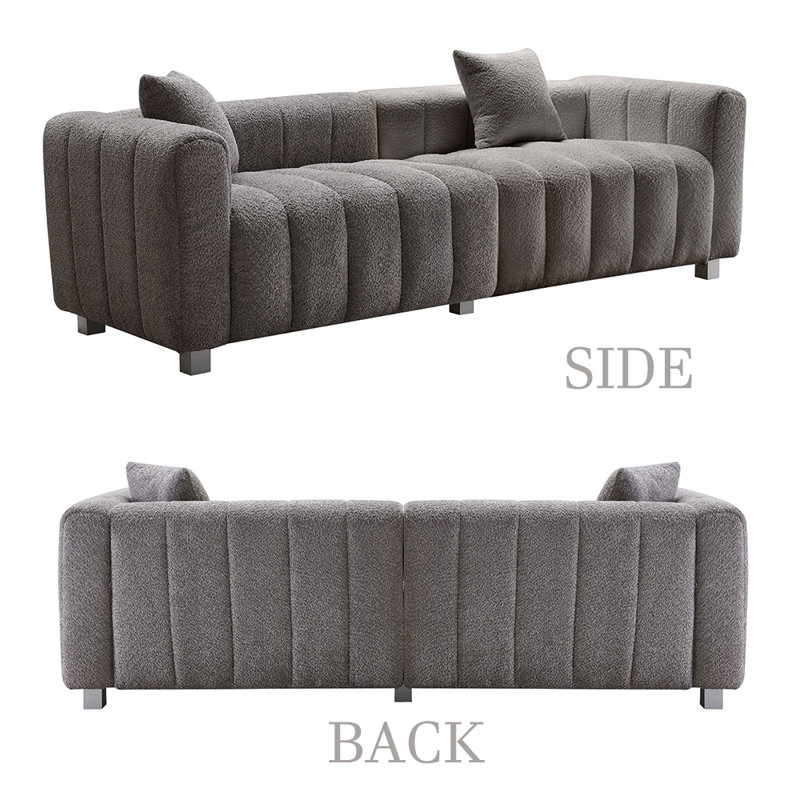 87" Modern Velvet Upholstered Sofa with Low Backrest, 3-Seater Couch, Gray