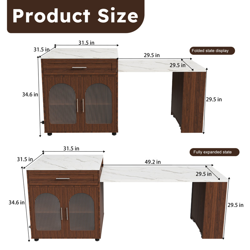 Îlot de cuisine extensible de 80 po de largeur avec plateau en faux marbre, table de salle à manger à abattants et prises intégrées