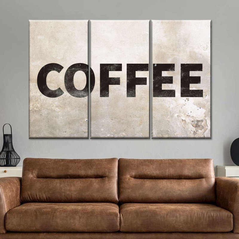 «Coffee Grunge Signage», ensemble de 3 impressions sur toiles par Vintage Charm Collective, H 24 po x l 38 po x P 1,25 po
