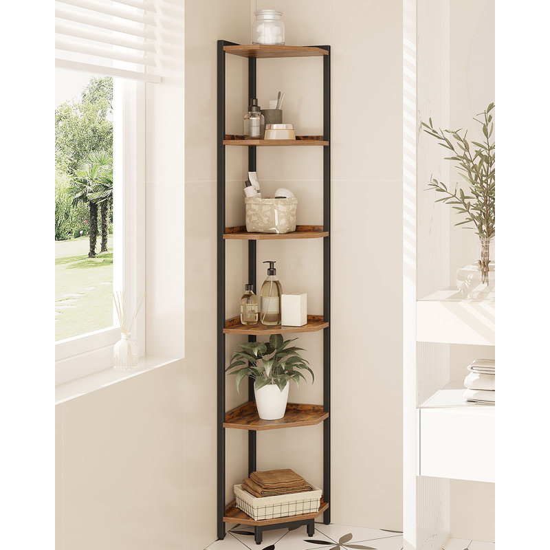 Corner Shelf Stand, Corner Bookshelf, Storage Standing Shelf Unit with Metal Frame, Plant Stand, Bookcase for Living Room, Home Office, Bedroom, 6-Tier Rustic Brown
