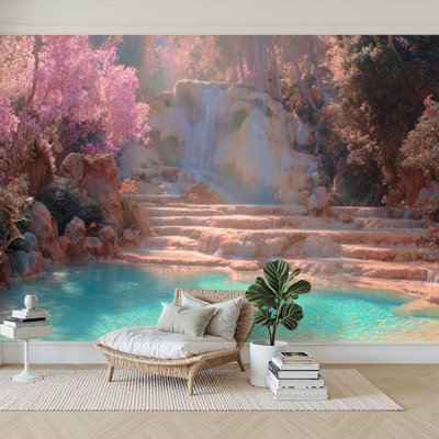Peel and Stick Wallpaper 96" W x 69" H Modern Self Adhesive Wall Mural for Bedroom Forest Waterfall Pool Blossom Trees Sunlight Rainbow Light Refraction