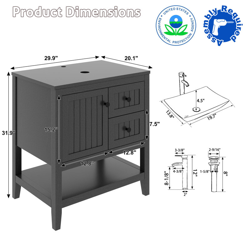 Sharee 30" Single Bathroom Vanity Set With Vessel Sink, Faucet And Drain, Assembly Required, Black