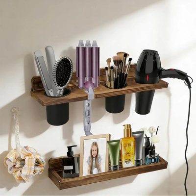Support mural pour outils pour cheveux, support pour séchoir à cheveux rustique 2 couches, étagère de rangement en bois pour sèche-cheveux, fer à friser, outils chauds, accessoires de coiffeuse, maquillage, articles de toilette (brun foncé)