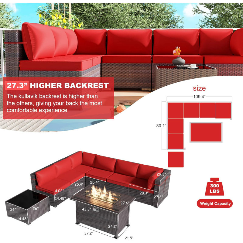 Yasmina 8-Pieces All-Weather Wicker Outdoor Conversation Sets With 55,000 BTU Fire Pit Table And Cushions, Red