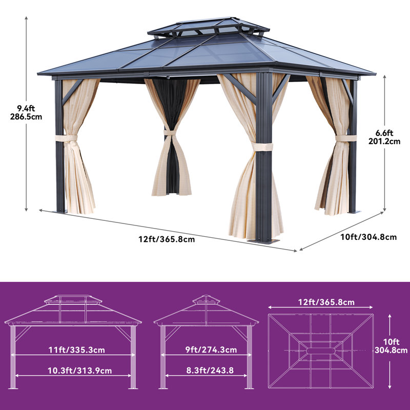 Outdoor Aluminum Patio Gazebo UV Resistant Sunshine Shelter, 12 Ft. W x 10 Ft. D