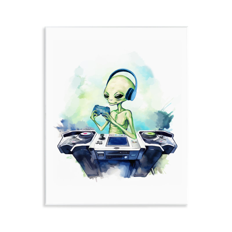 Plaque murale Tech Alien jouant à des jeux vidéo, design par Lil 'Rue