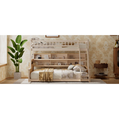 Lit superposé simple au-dessus de grand lit simple avec tablettes intégrées, lumières à changement de couleur et panneau perforé, beige