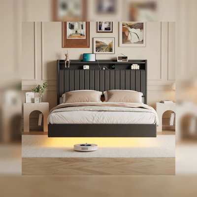 Floating Platform Upholstered Bed Frame with RGB LED Lights - Tall Storage Headboard - Charging Station - Modern PU Leather - No Box Spring Needed - F