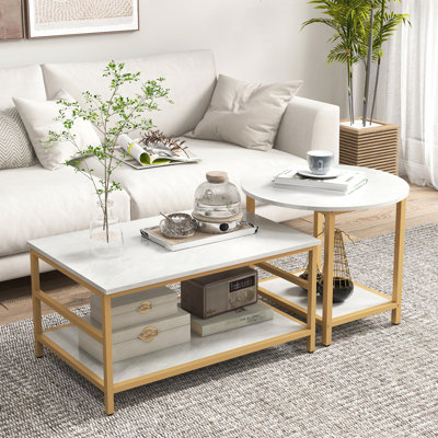Living Room Tables, Faux Marble Surface & Steel, White, Attractive Coffee Table With Storage, Marble, White Chic
