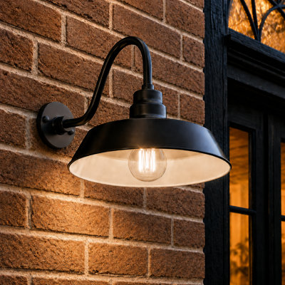 14 po Luminaire de grange à col-de-cygne d'extérieur noir satiné avec bras d'extension de 14,5 po - Applique murale de style campagnard, rétro, style antique - Homologué UL - Ampoule DEL A19 9W 900lm (blanc froid 5000K)
