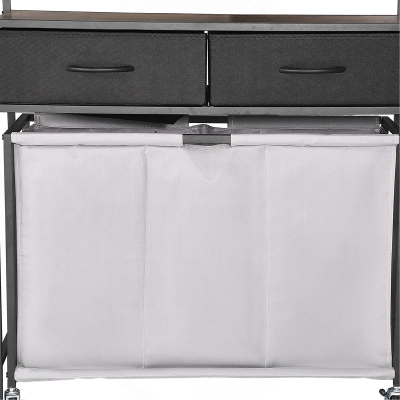 Trieur de linge à 3 sections, panier à linge roulant avec 2 tiroirs, crochets et roulettes, rangement pour panier à roulettes avec sacs à roulettes coulissants et plateau en bois pour les vêtements sales, salle de bain