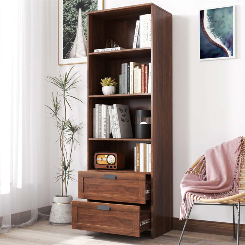 Bibliothèque de 72,98 po de hauteur avec 4 tablettes et tiroirs, look moderne pour tablette