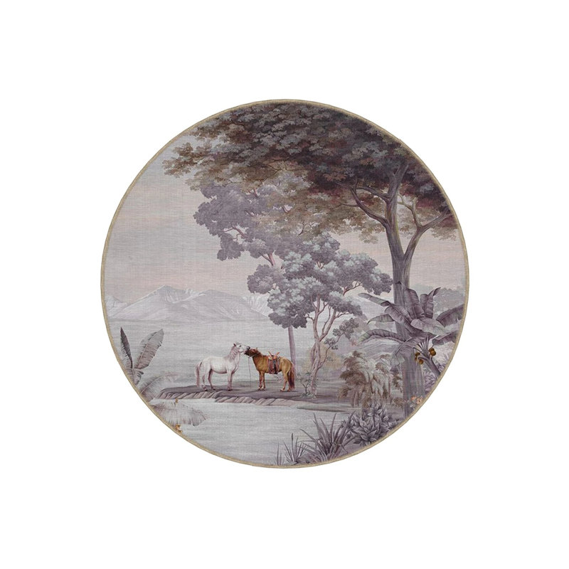 Tapestry Design Round Gray Beige Detailed Decorative Carpet, Round 5'