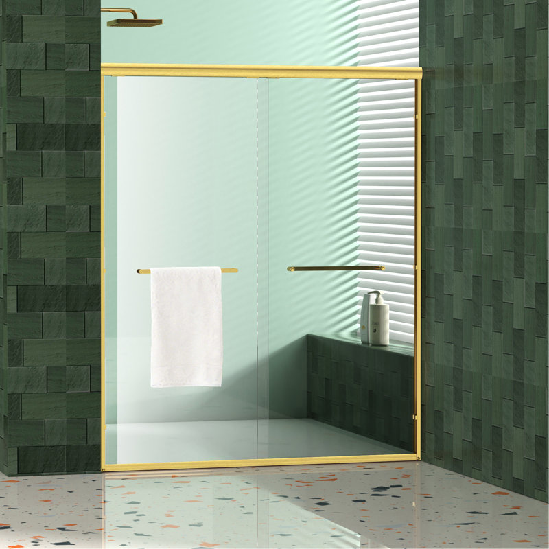 56"-60" W X 72" H Brushed Gold Aluminum Frame Double Sliding Shower Door, 1/4" (6Mm) Clear Tempered Glass With Explosion-Proof Film, Dual Stainless Steel Handles