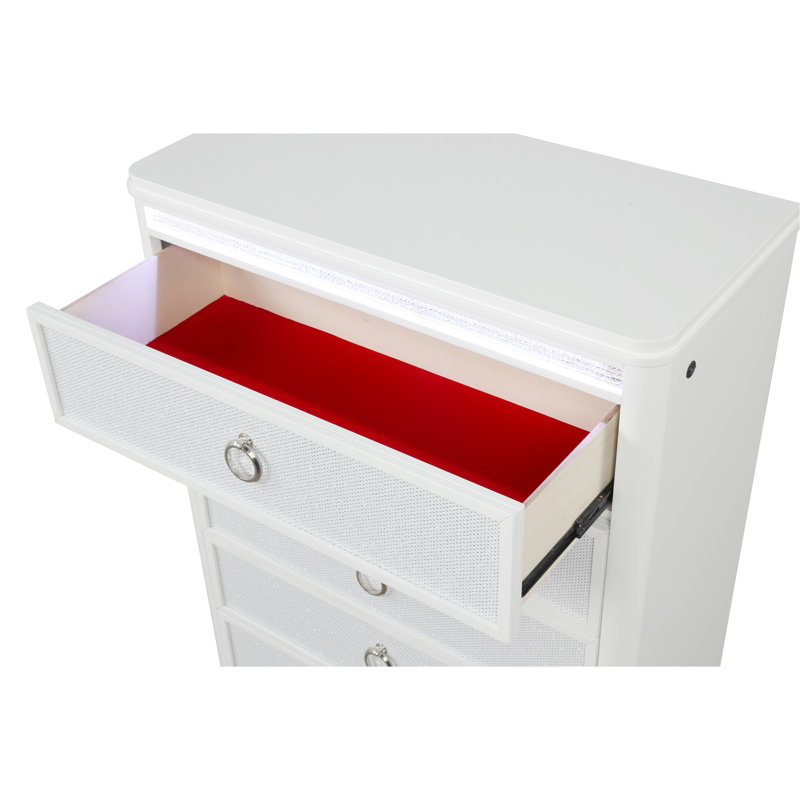 Ensemble de chambre à coucher moderne Abigale 5 pièces pour lit queen avec table de chevet à miroir, éclairage DEL et pied de lit avec rangement, blanc
