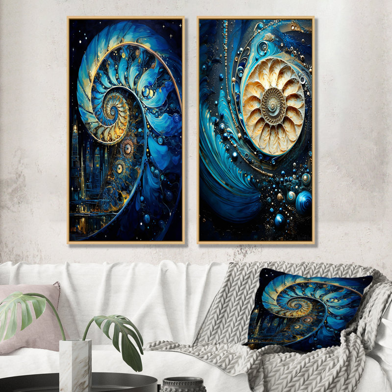 Nautilus saphir coquillages - ensemble de 2 décorations murales Nautilus, H 28 po x l 25 po, Encadrement brun