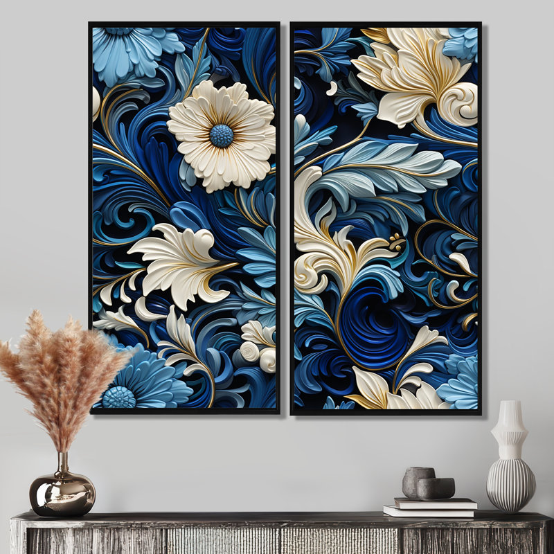 «Cobalt Blue Scrollwork Swirls», motif victorien sur toile florale florale, 32" H x 32" W, Impression encadrée flottante