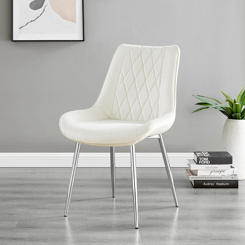 Palermo Velvet Modern Dining Chairs with Tapered Metal Legs & Quilted Diamond Stitching, Silver, Cream