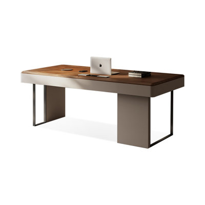 Bureau à 3 tiroirs brun noyer + gris massif massif + bois manufacturé + acier