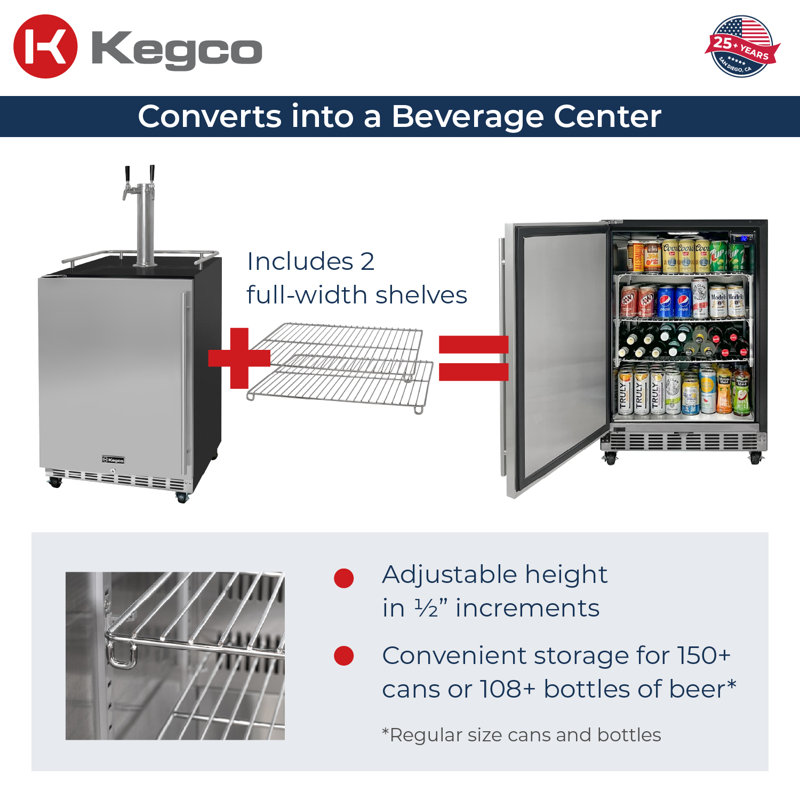 Kegco 24" Wide Dual Tap Stainless Steel Commercial Built-In Left Hinge Kegerator with Kit, Left