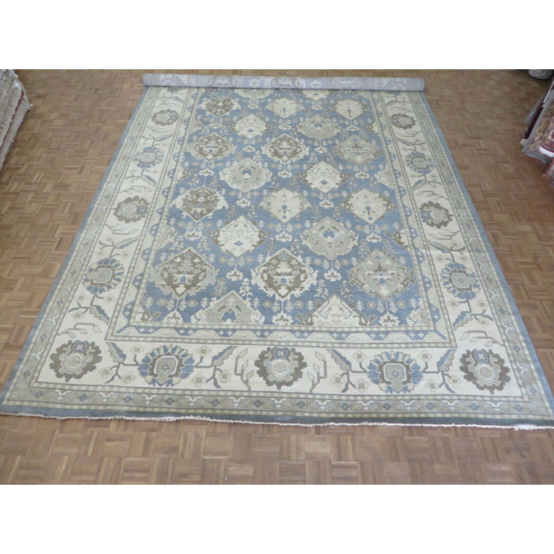 Tapis oriental noué à la main bleu / brun / gris / ivoire Oushak