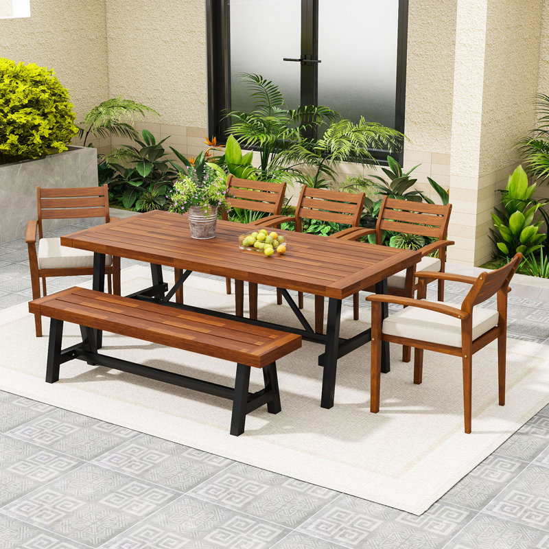 Ensemble repas d'extérieur 7 pièces avec coussins, chaises ergonomiques, banc et pieds réglables
