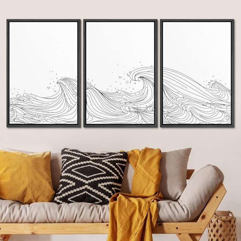 Beach And Waves " Curly Black And White Ocean Waves Nautical Seascape Minimalist Neutral Decor Modern Art " 3 - Pieces, Noir