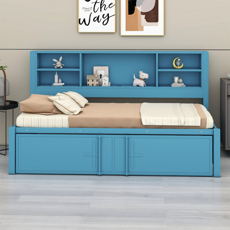 Metal Storage Daybed with Trundle,Shelves and USB Ports, Blue/Black