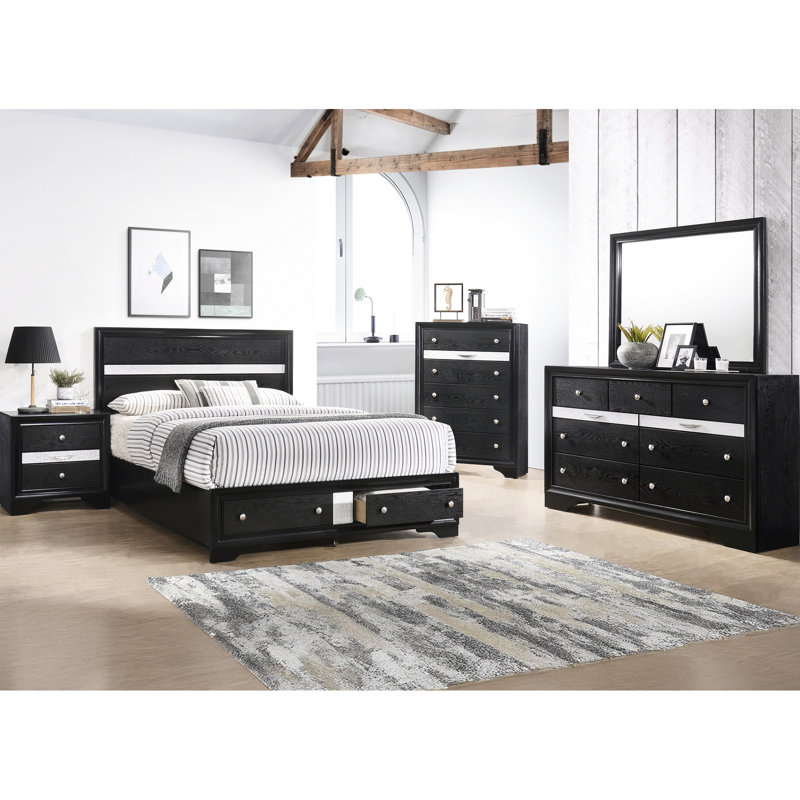 Grand lit en bois massif au design contemporain et aux accents argentés chatoyants, tiroirs de rangement, finition noire, plateau coulissant en métal pour la taille du bois, fabrication