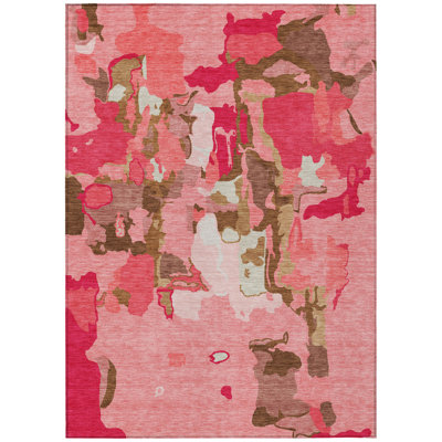 9' X 12' Coral Pink And Brown Abstract Washable Indoor Outdoor Area Rug
