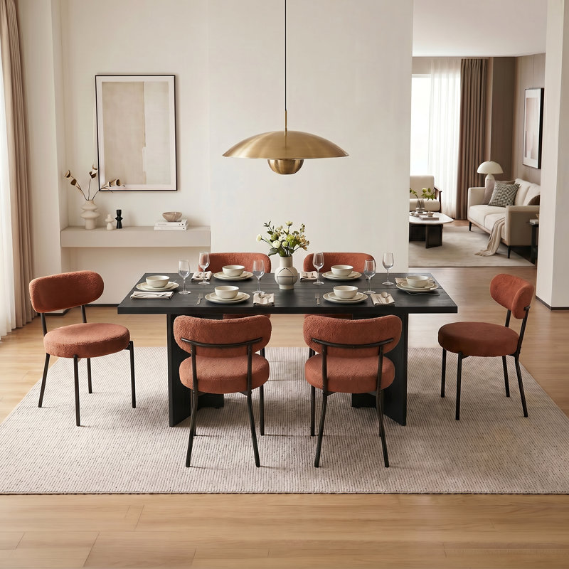 Table de salle à manger rectangulaire en bois Alyria de 63 po avec 6 chaises de salle à manger en cuir bouclé Sherpa, Black