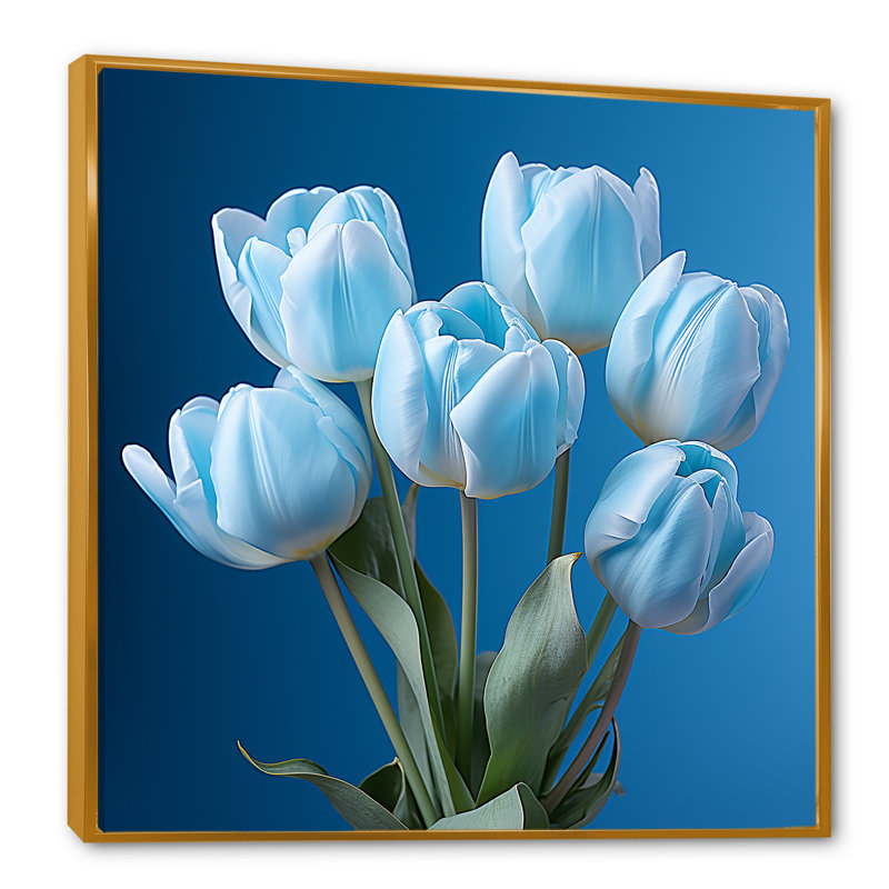 «Azure Blue Tulips Bloom IV» sur toile, H 16 po x l 16 po x P 1 po, Cadre flottant doré