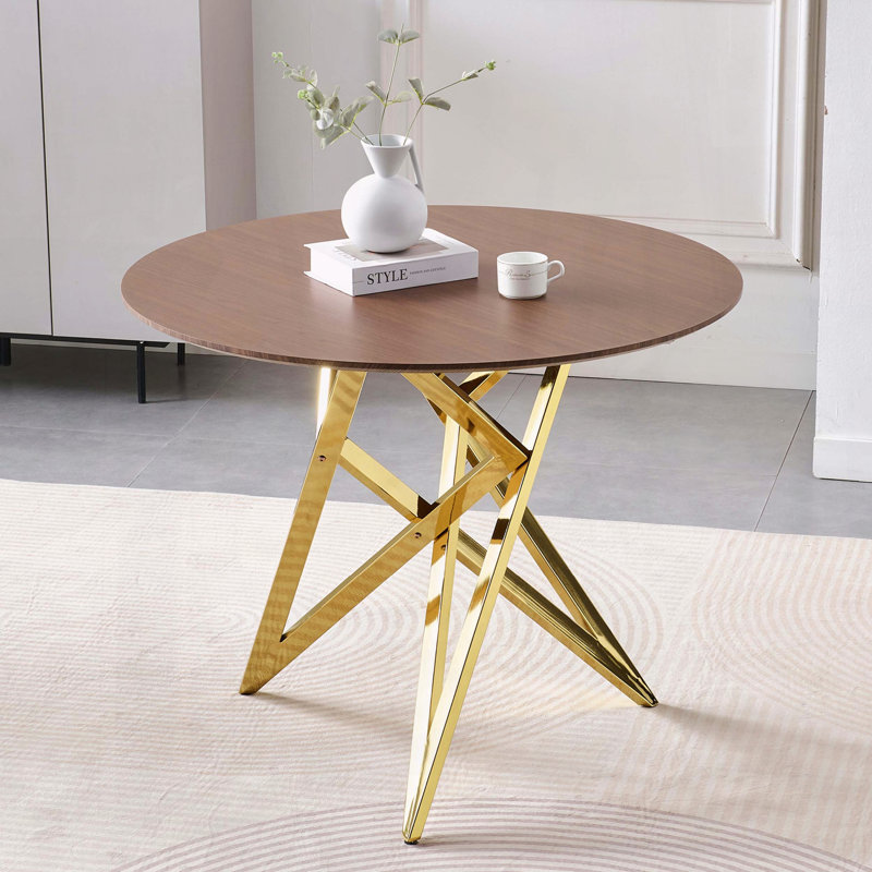 37-Inch Round Dining Table with Gold Metal Legs, Walnut/Gold