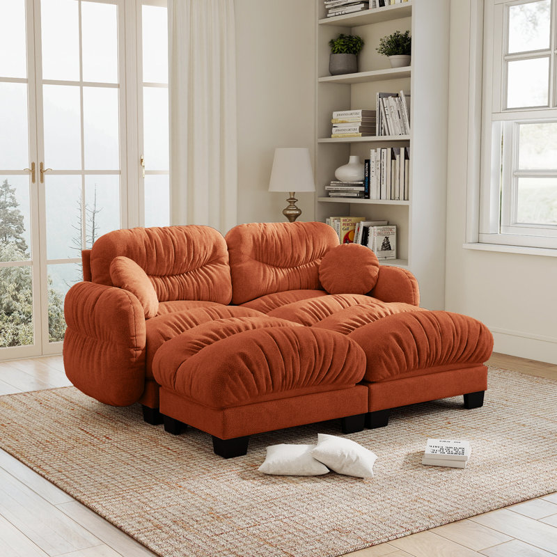 Canapé modulaire moderne tapissier 2 places en chenille avec deux repose-pieds, design plissé pour le salon, Chenille orange