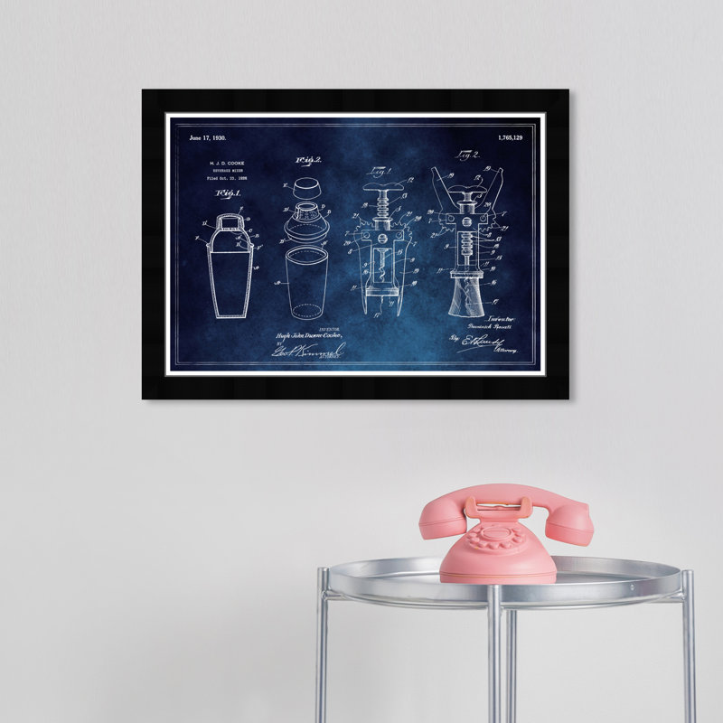 «Drinks and Spirits Cocktail Mixer and Cork Extractor 1930 Blue Chalkboard Bar», reproduction d'art graphique sur papier encadré