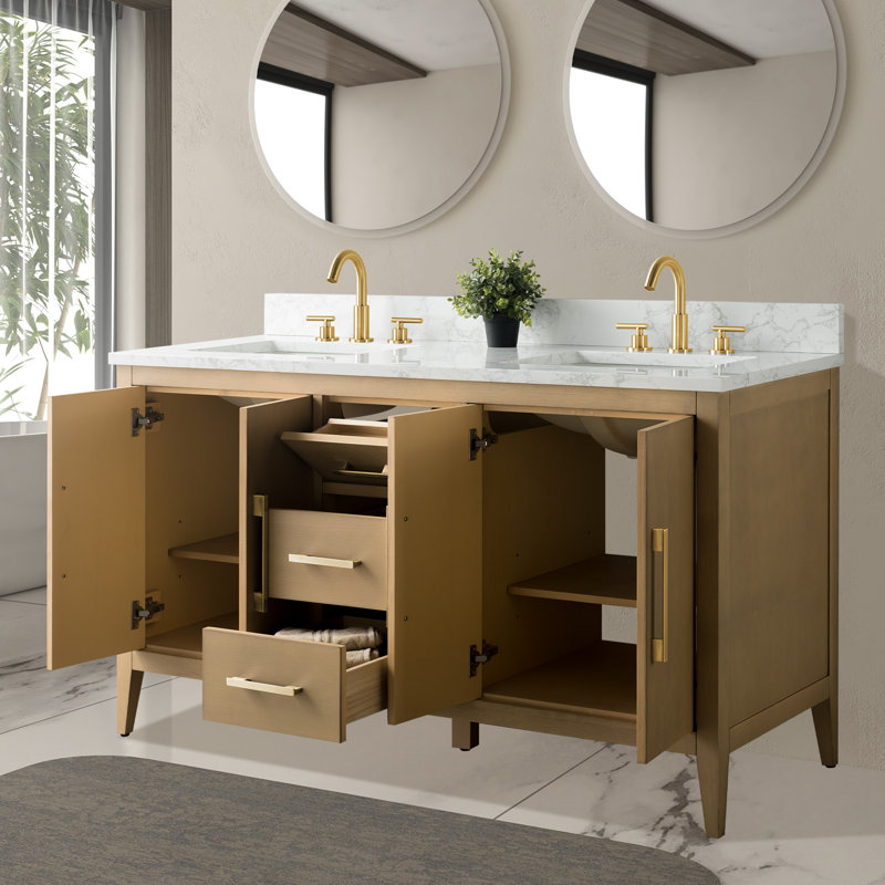 Ensemble de meuble-lavabo double 60 po, Chêne naturel, Or brossé