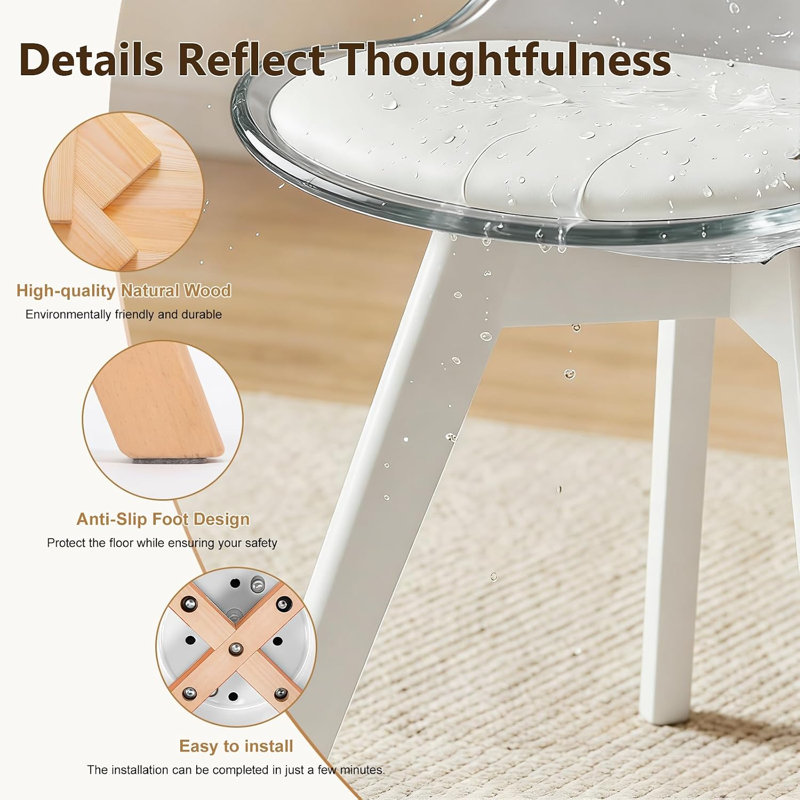 HDHNBA Set Of Two Modern Ergonomic Dining Chairs PU Padded Seat Plastic Shell Non Slip Floor Protectors Solid Legs